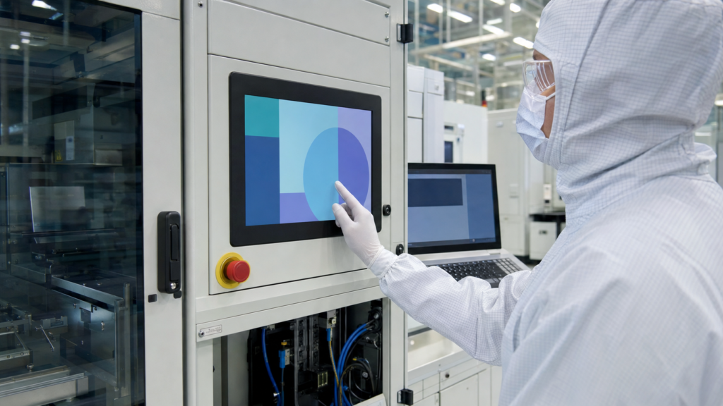 Technician validating a semiconductor equipment TFT HMI, touch stack, mounting, cables, and equipment computer