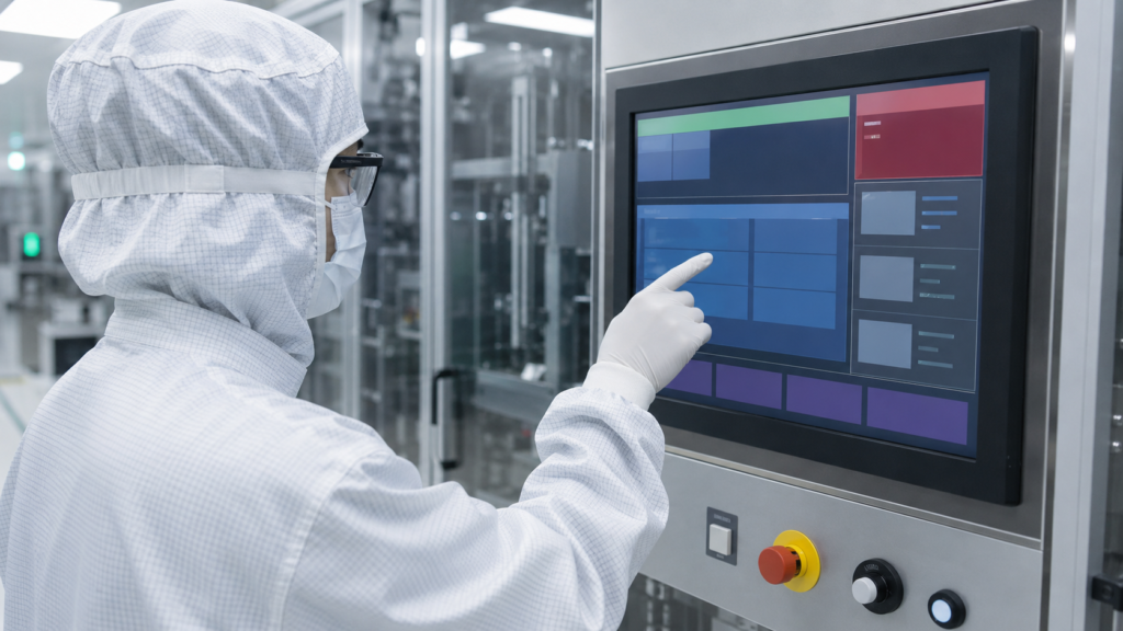 Cleanroom operator using a TFT HMI with distinct equipment state, recipe, alarm, and maintenance areas