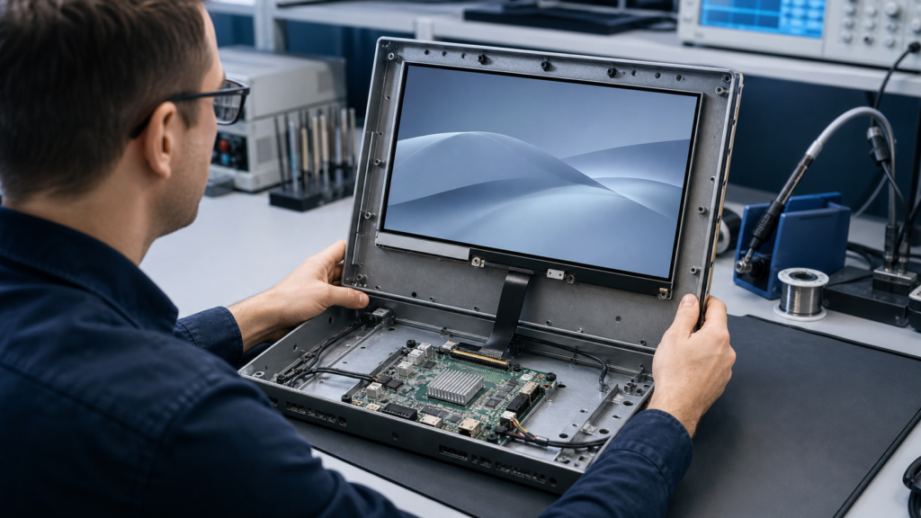 How to Integrate an eDP TFT LCD Panel: An OEM Compatibility Guide 1 Engineer reviewing an embedded computer with a raw eDP TFT LCD and internal host board