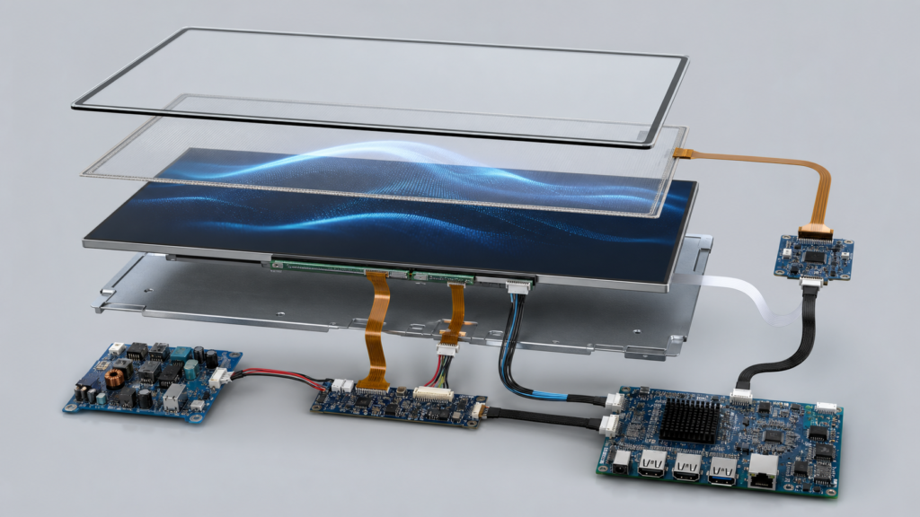 How to Integrate an eDP TFT LCD Panel: An OEM Compatibility Guide 4 Exploded eDP TFT assembly with separate backlight, power, touch controller, and host connections