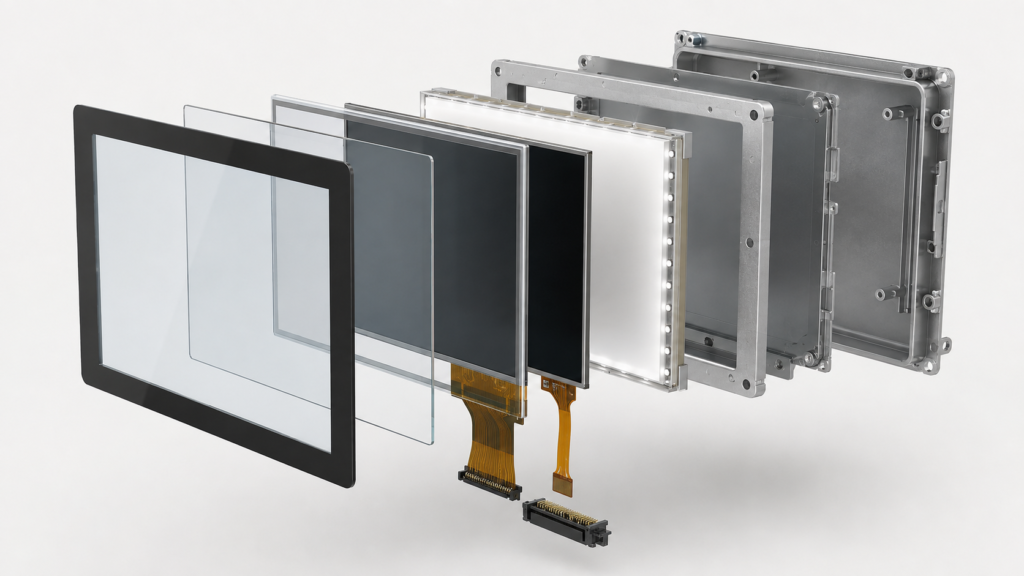 航空機器向けカスタムLCDディスプレイ:環境、統合、およびプロジェクトの利点 1 Exploded view of a customized TFT LCD assembly for aviation equipment