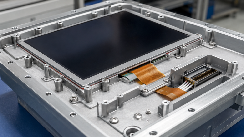 航空機器向けカスタムLCDディスプレイ:環境、統合、およびプロジェクト上の利点 2 TFT LCD mounted in an aviation equipment enclosure with routed FPC cable