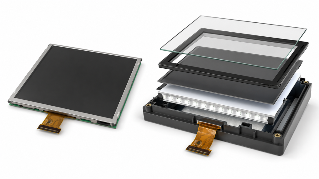 航空機器向けカスタムLCDディスプレイ:環境、統合、およびプロジェクトの利点 3 Standard LCD module compared with a project-adapted custom display assembly