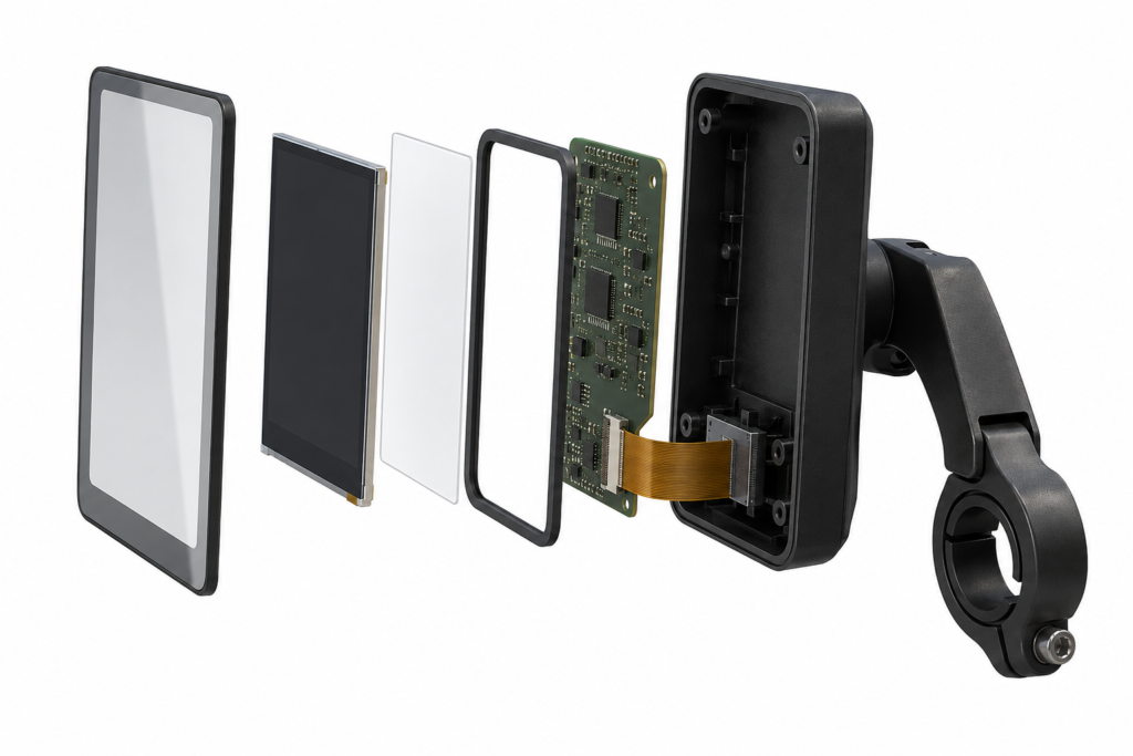 Exploded view of a custom LCD display assembly for an e-bike