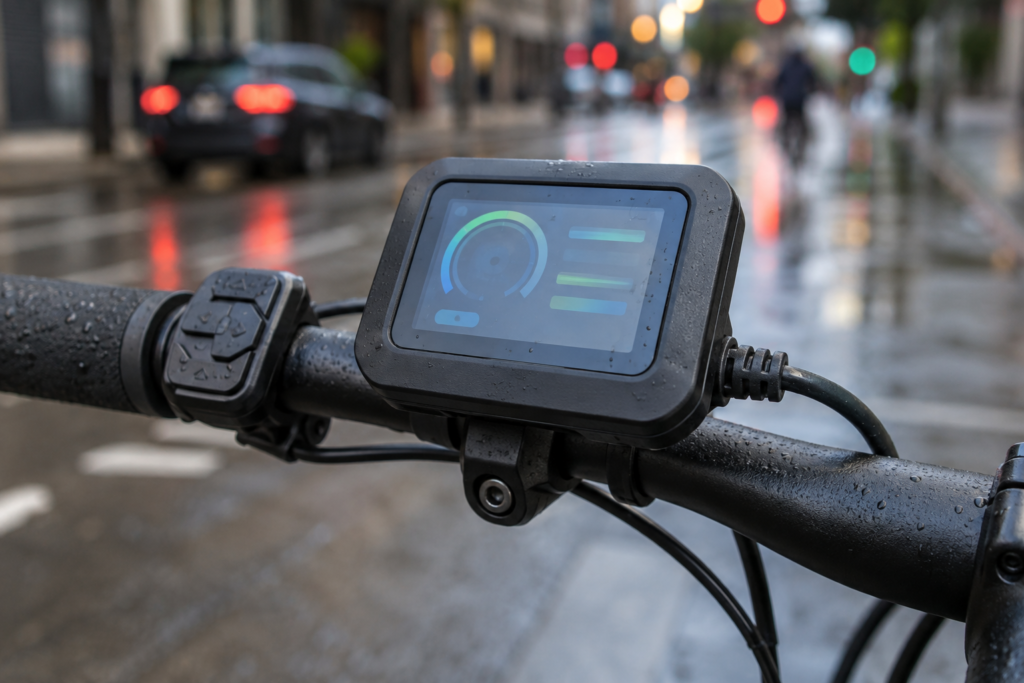 E-bike LCD console with integrated housing, mounting, and cable routing