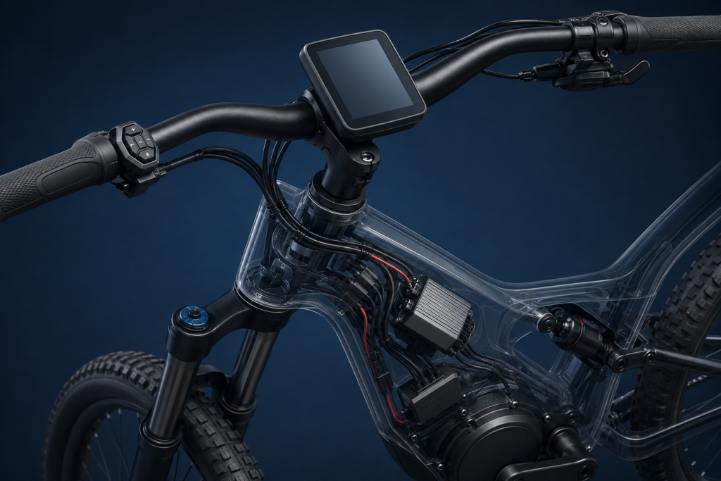 E-bike LCD display integrated with cockpit wiring and control electronics