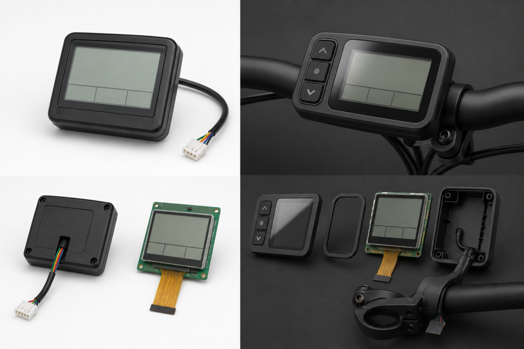 Standard e-bike display compared with a project-adapted custom LCD assembly