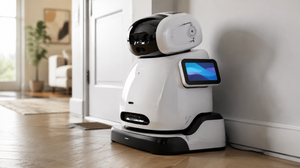 Companion robot with a body-mounted display on a charging dock