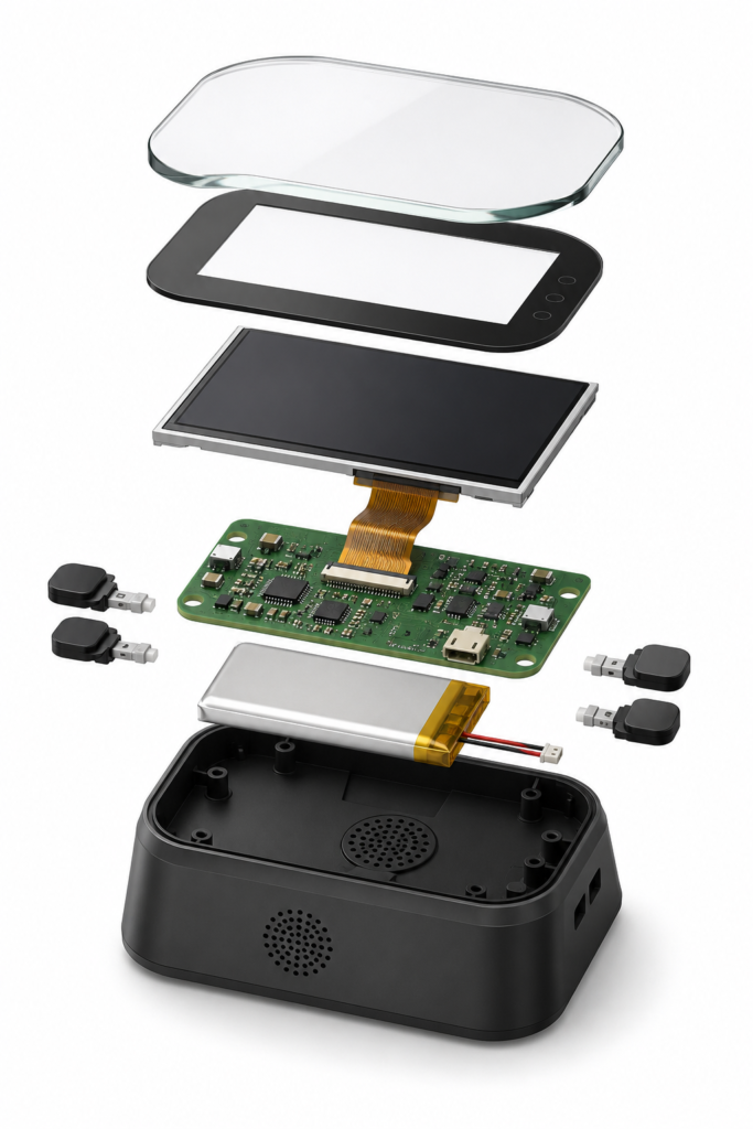 Exploded view of a compact tabletop game counter with touch display assembly