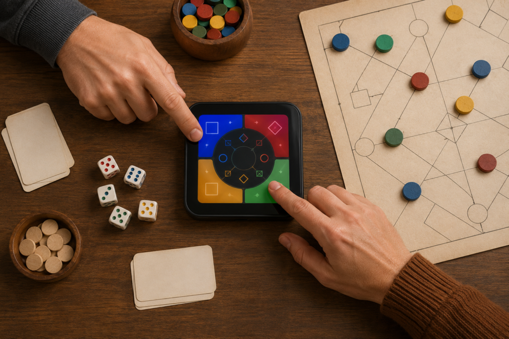 Two players using separate touch zones on a tabletop game counter display