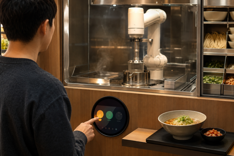 Customer using a round TFT display on a self-service ramen robot