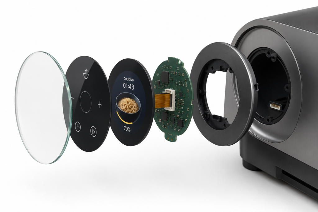 Round Displays for Ramen Robots: Creating Better Self-Service Customer Experiences 3 Exploded round TFT display assembly for an automated food-service machine