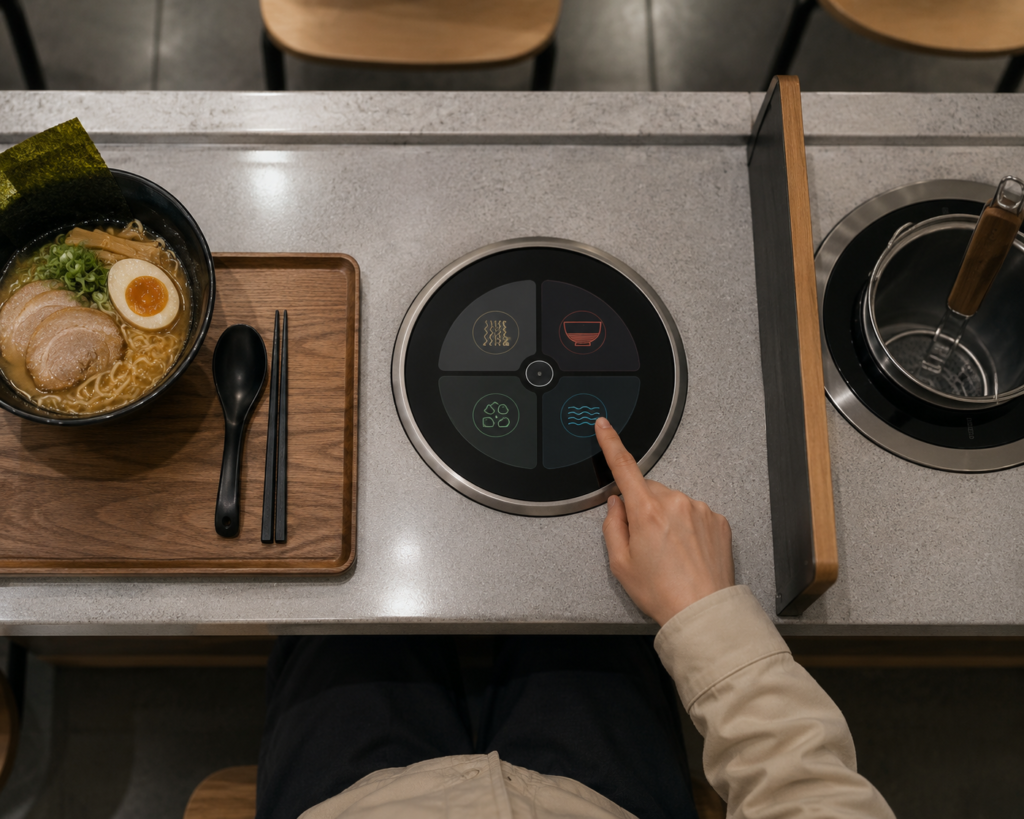Round Displays for Ramen Robots: Creating Better Self-Service Customer Experiences 1 Customer interacting with a circular touchscreen at a ramen cooking station