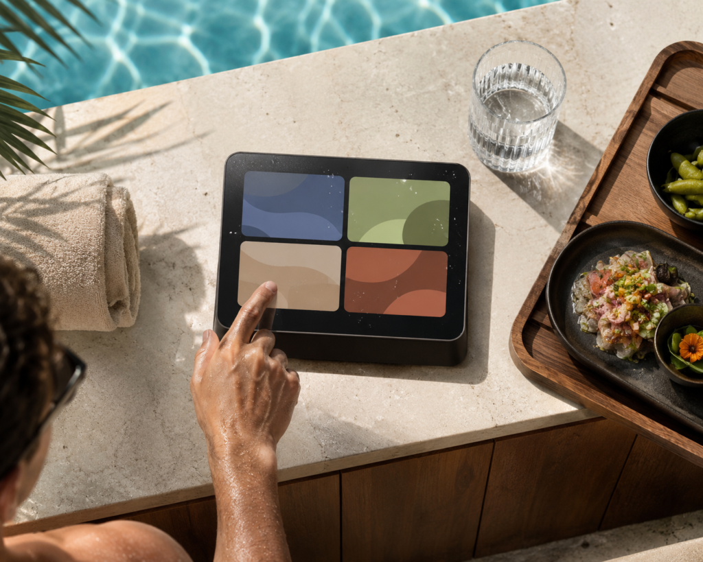 Exploded touch-display assembly for a wet-zone hospitality ordering terminal