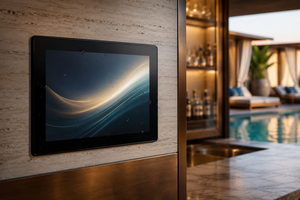 Flush-mounted touch display integrated into a premium pool-club ordering area