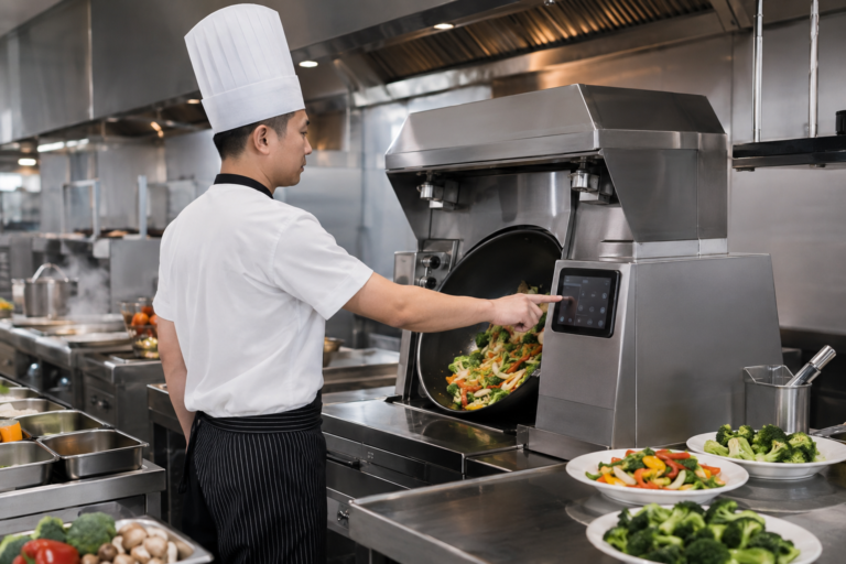 Anti-Fingerprint Touch Panels for Automated Stir-Fry Machines 2 Chef using a touch display on an automated stir-fry cooking machine
