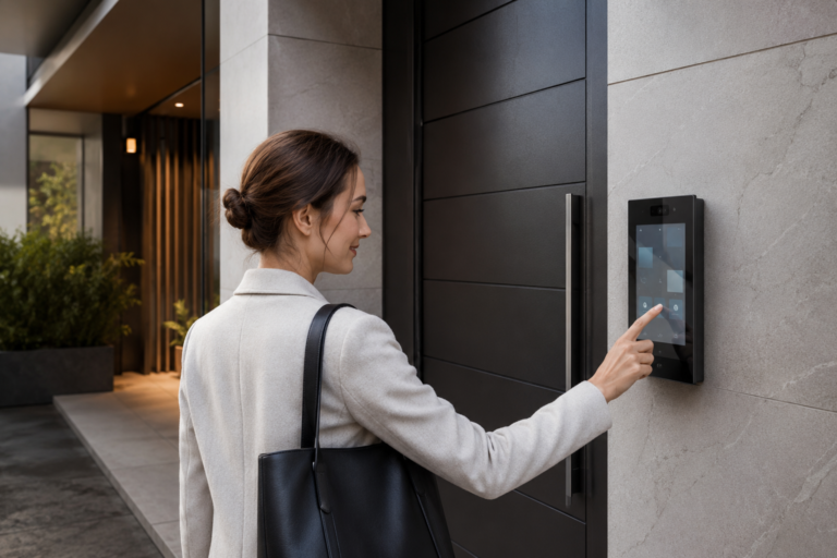 Plastic vs Glass Cover Lenses for Residential Access Control Displays 1 Resident using a touchscreen access-control terminal at a modern apartment entrance