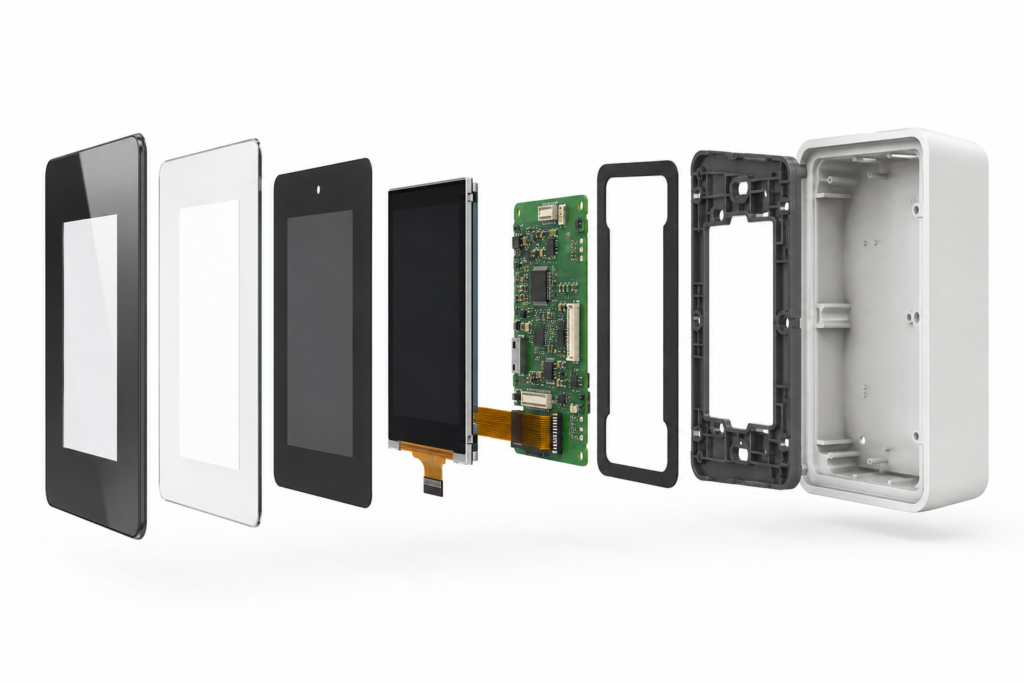 Plastic vs Glass Cover Lenses for Residential Access Control Displays 2 Exploded residential access-control display with cover lens and touch assembly