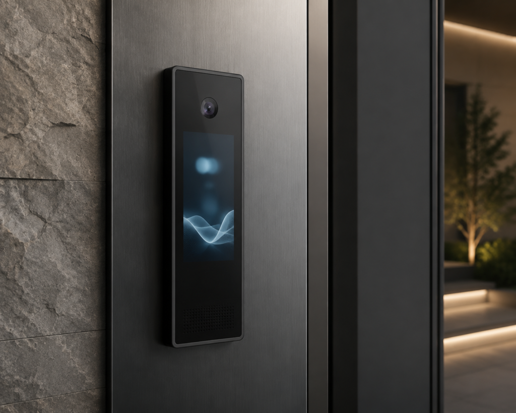 Plastic vs Glass Cover Lenses for Residential Access Control Displays 3 Residential access-control display integrated into a premium entrance panel