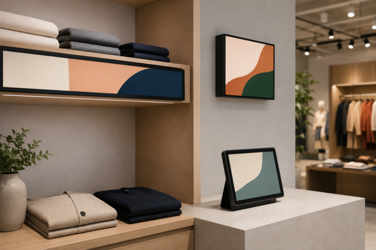 Compact digital signage hardware installed in a modern retail store