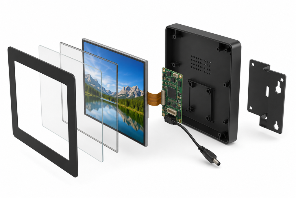 Exploded compact digital signage display and controller assembly