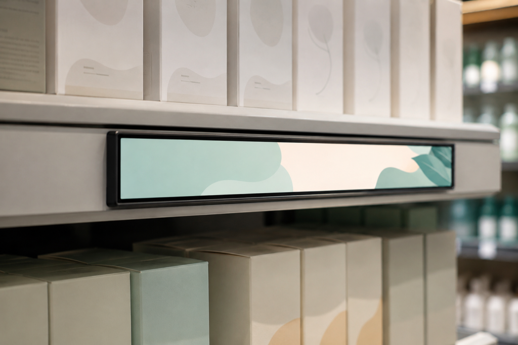 Cost-efficient bar LCD digital signage integrated into a retail shelf