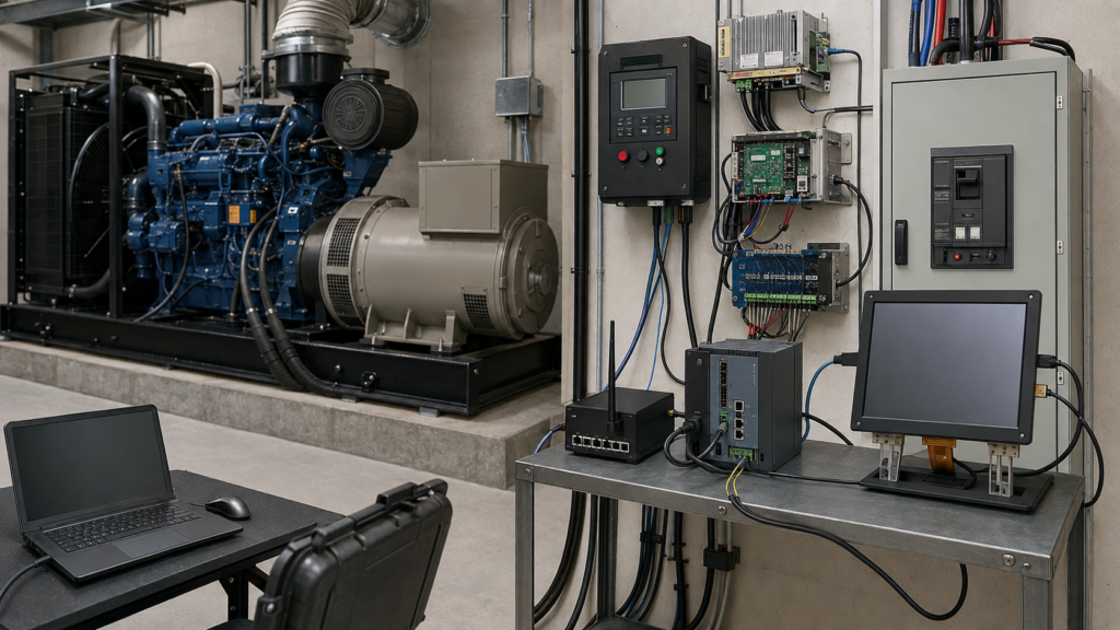 産業用発電機セットのHMI向けTFT LCDの選定方法 1 Generator system separating the genset controller, AVR, breaker equipment, HMI host, TFT display, touch input, and remote workstation