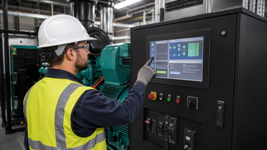 産業用発電機セットHMI向けTFT LCDの選定方法 2 Technician using a generator-set TFT HMI with abstract operating-state, event, maintenance, and permission areas