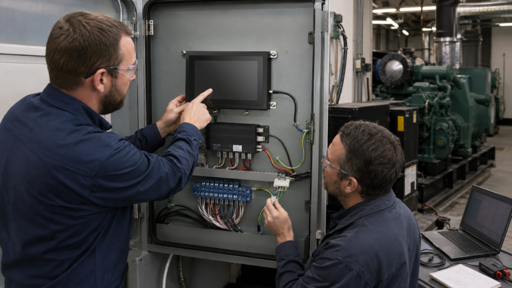 産業用発電機セットHMI用TFT LCDの選定方法 3 Production-intent generator TFT HMI undergoing touch, cable, mounting, startup, and communication validation