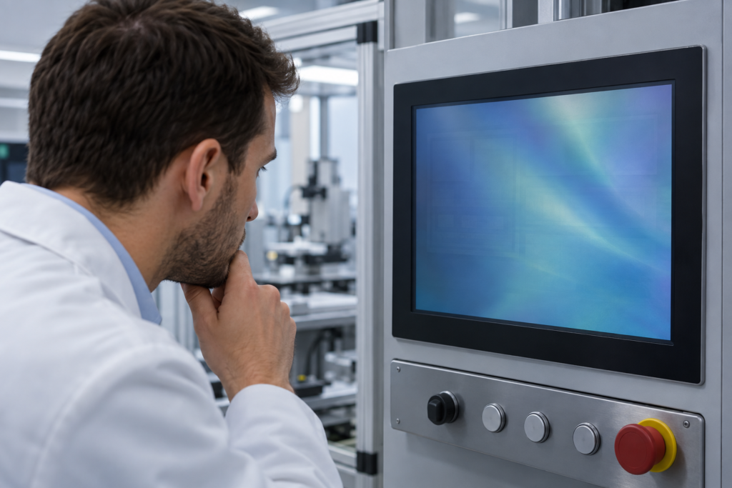 Engineer inspecting image retention on an industrial TFT LCD