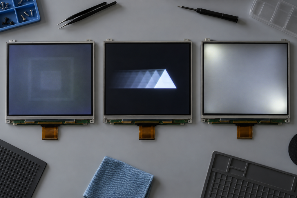 Comparison of LCD image retention, motion ghosting and backlight non-uniformity