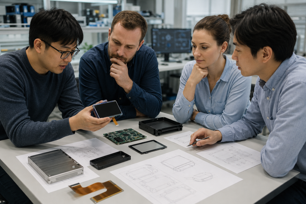 Why Top LCD Brands Often Miss the Needs of SMEs: The Paradox of Differentiation, Customization, and Scale 2 Engineering team reviewing a customized TFT LCD product prototype