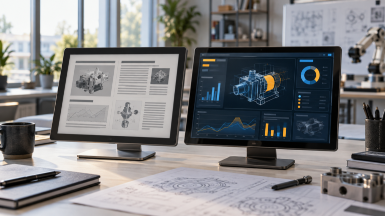 Epaper screen and TFT LCD compared on an engineering desk