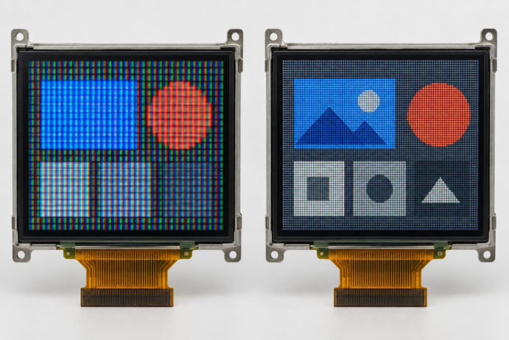 HD vs Full HD for Embedded Displays: Which Resolution Do You Need? 1 Pixel-density comparison between two equal-size TFT LCD modules