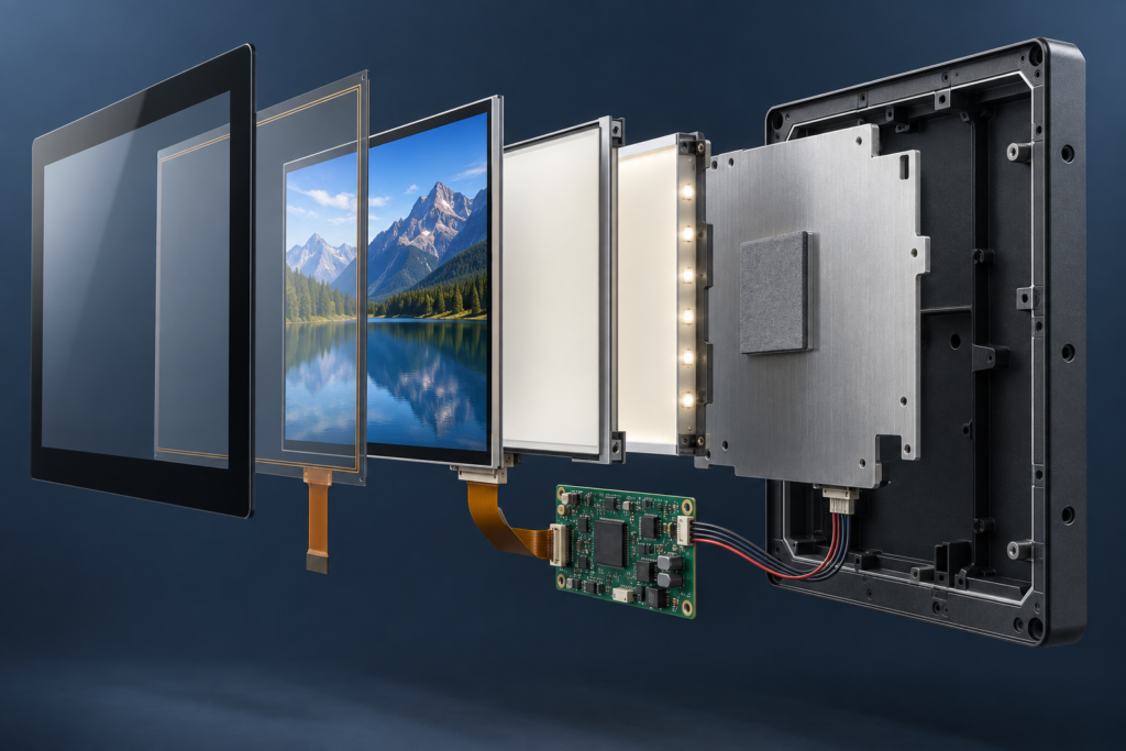 HD vs Full HD for Embedded Displays: Which Resolution Do You Need? 3 Exploded embedded TFT display system with touch and controller board