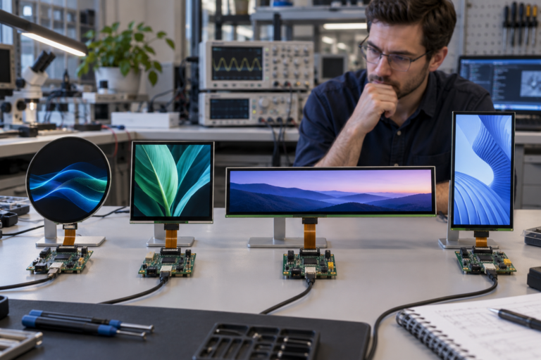 Irregular-shaped LCD modules connected to matched display controller boards