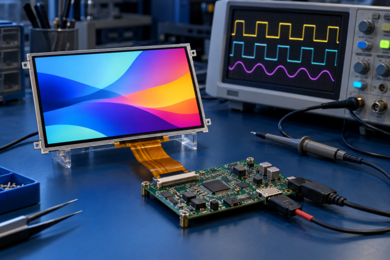 TFT LCD and controller board undergoing pixel-clock timing validation