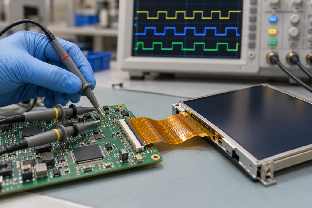 LCD Pixel Clock and Timing Guide: Why Same-Resolution TFT Displays Are Not Always Compatible 2 Oscilloscope probes validating signals on a TFT LCD controller board