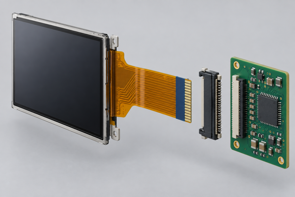 Exploded LCD module, FPC tail, connector and controller-board assembly