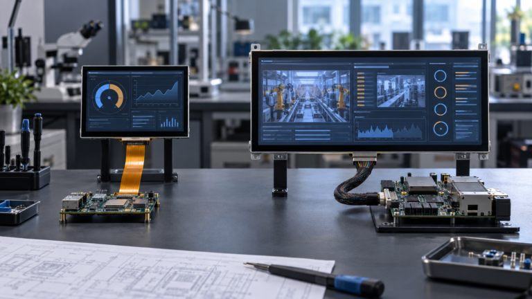 MIPI and LVDS industrial LCD display connections compared in an engineering lab