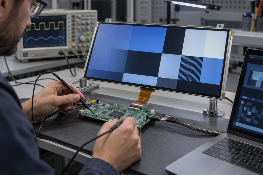 MIPI Display Interface vs LVDS: How to Select an Industrial LCD Panel 3 Engineer validating an industrial LCD and controller-board connection