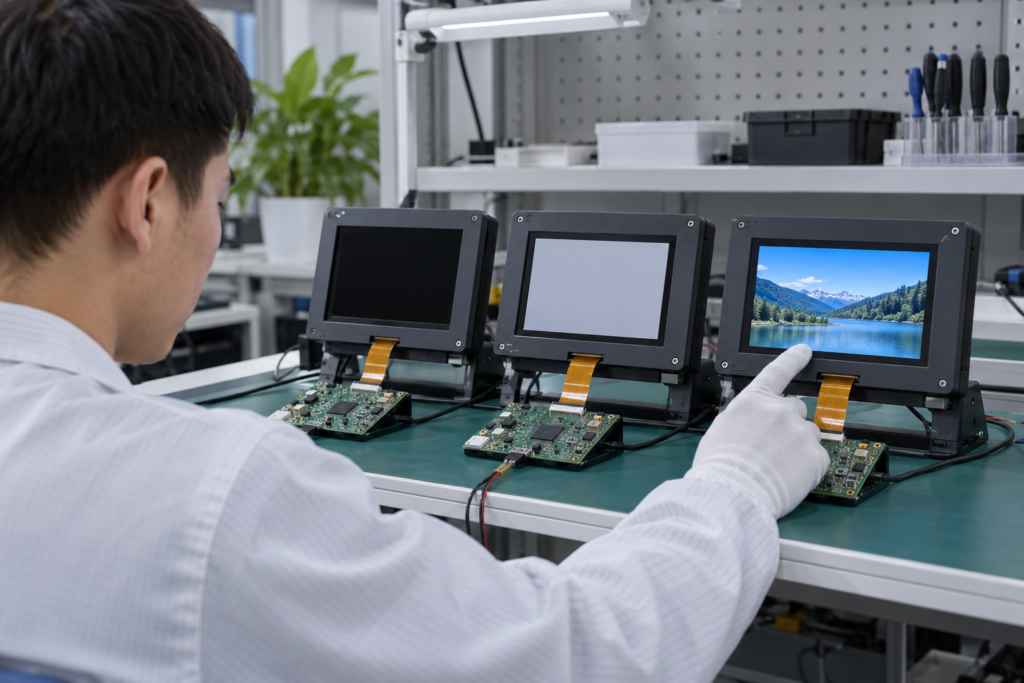 Engineer validating TFT LCD states during embedded-system startup