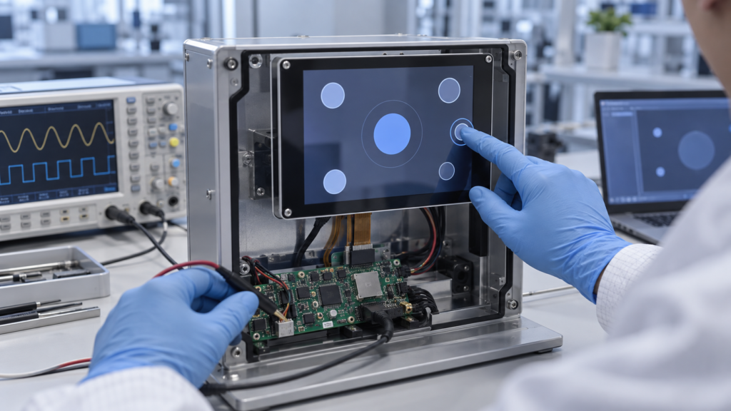 Capacitive touch display prototype undergoing edge-touch and electronics validation