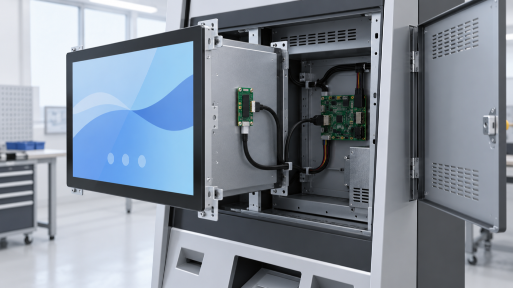 Large open-frame touch display integrated into self-service equipment with accessible controller electronics