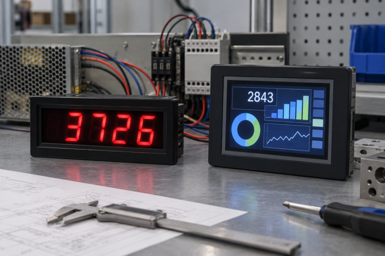 Seven-segment indicator and TFT LCD compared on an industrial workbench