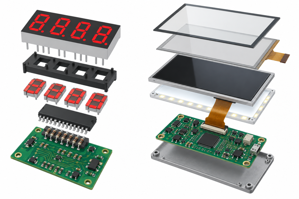 Exploded comparison of seven-segment indicator and TFT LCD architectures