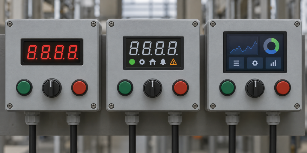 Industrial control panels using numeric, segmented-icon and TFT interfaces