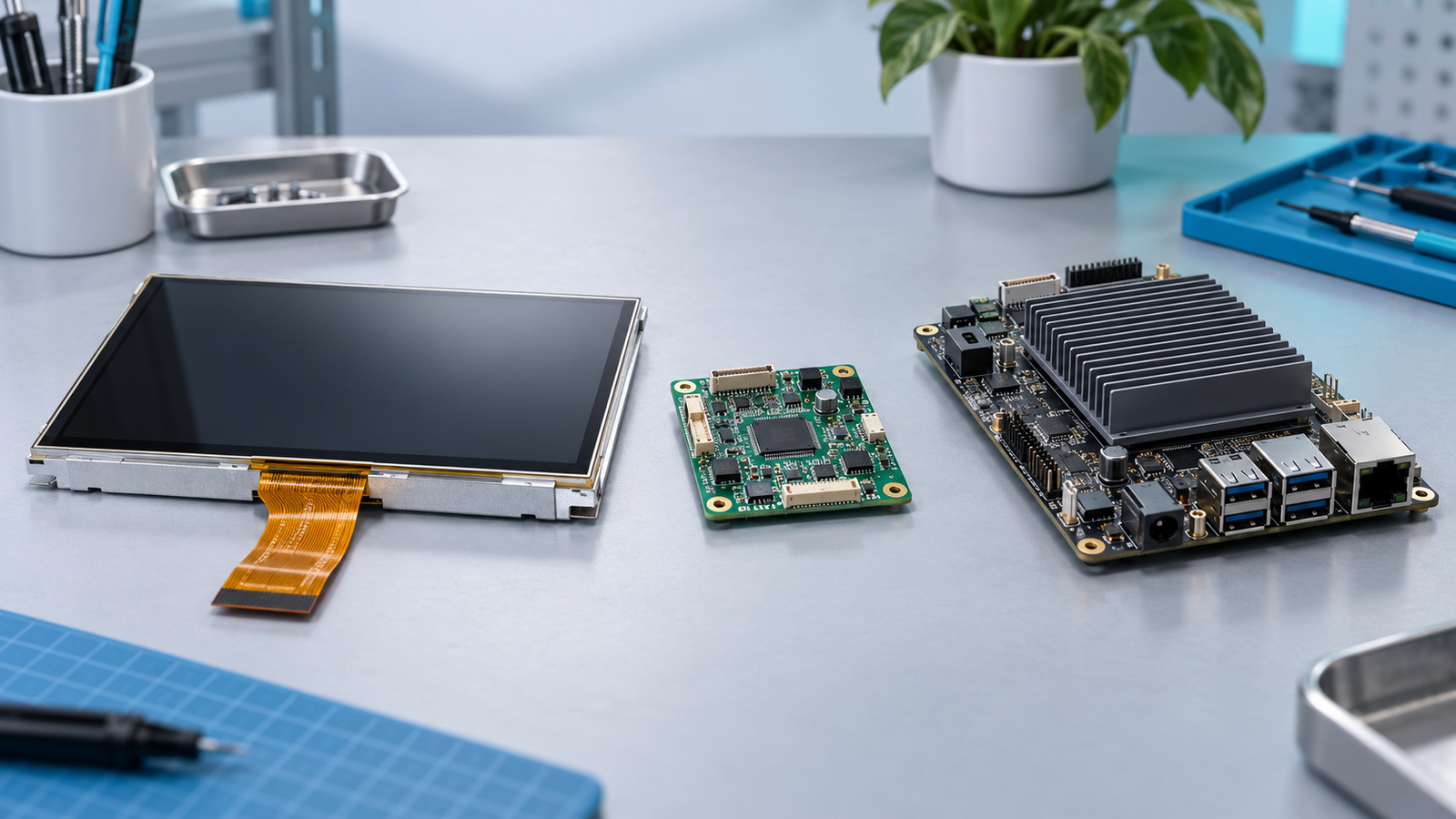 Separate LCD module, small controller board and larger embedded host board arranged on a workbench.
