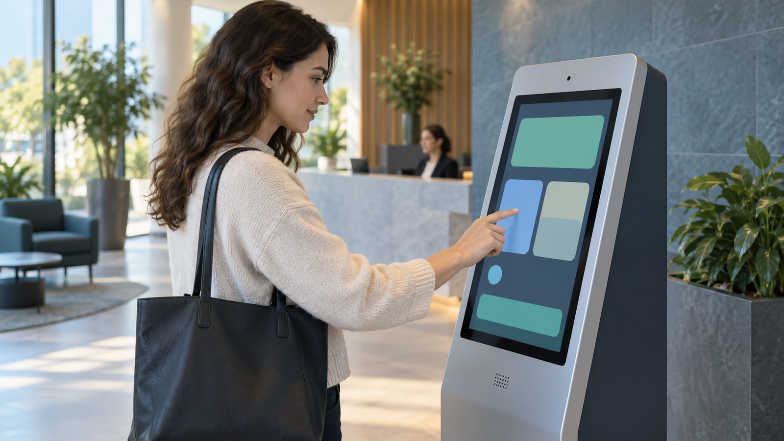A person touches a self-service terminal showing abstract interface panels in a reception area.