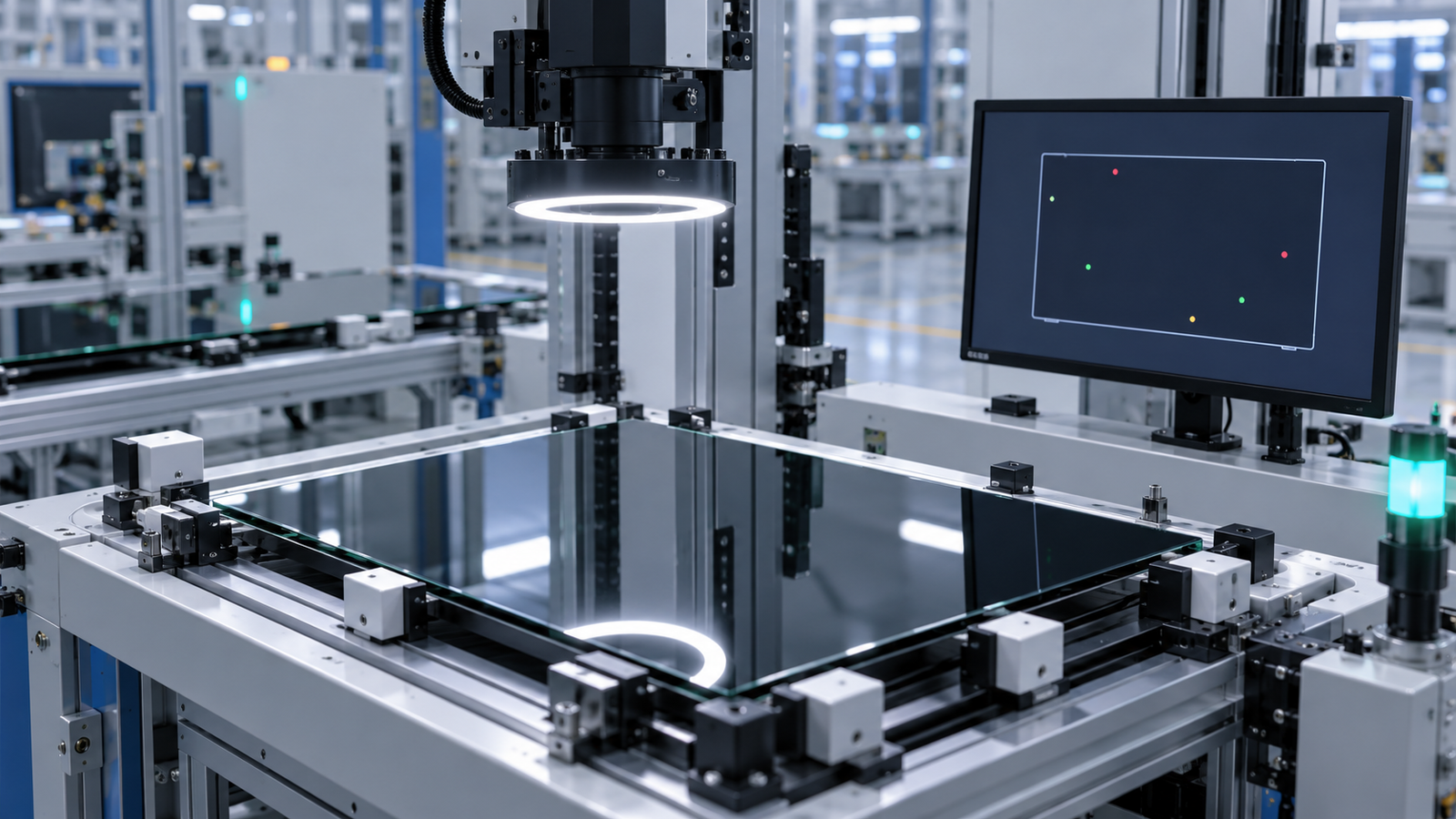 A camera and ring light inspect a glass display panel beside a monitor showing abstract defect markers.